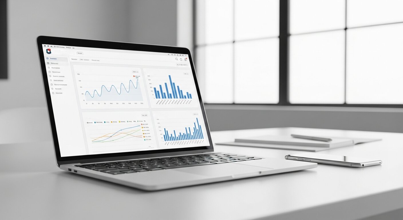 Email marketing dashboard on laptop with engagement charts