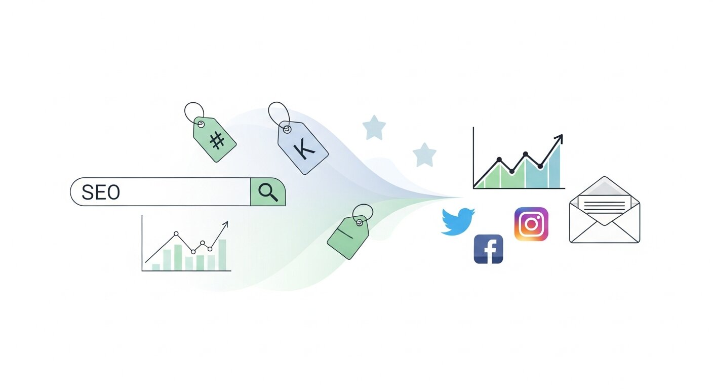 SEO and digital marketing integration illustration.