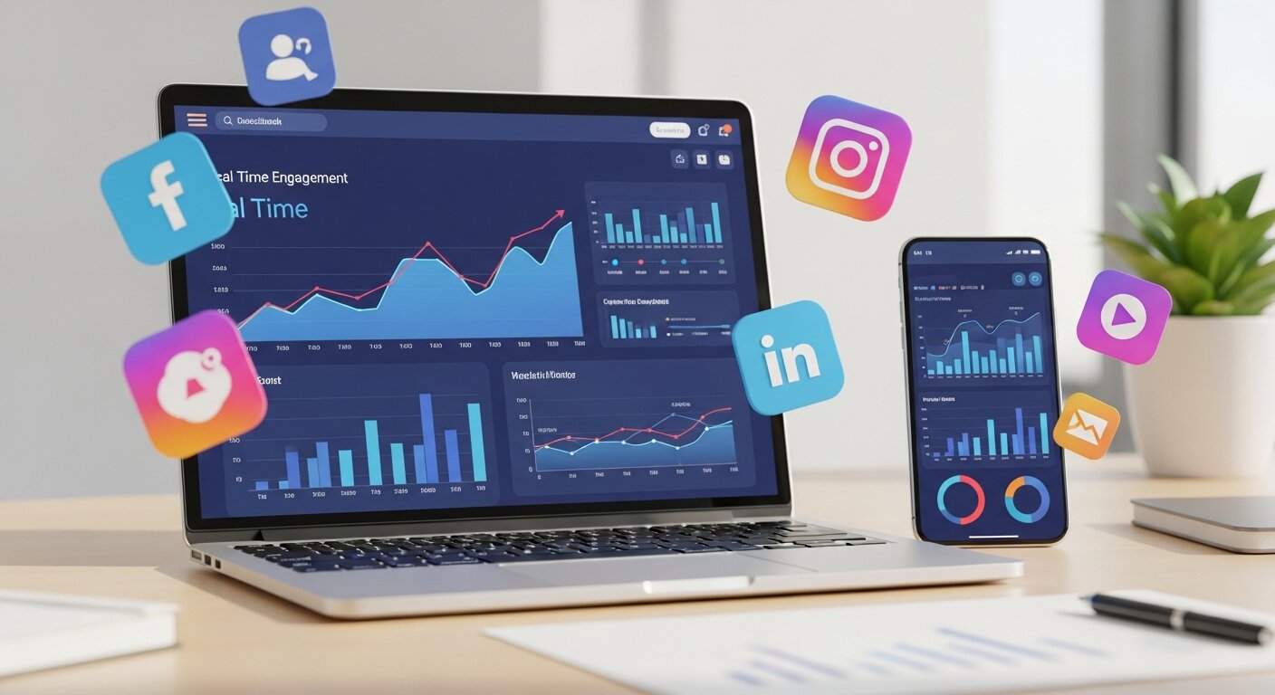 Social media analytics on laptop and phone