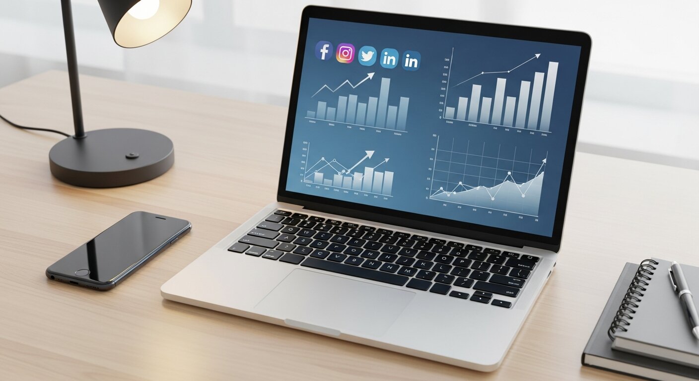 Laptop and smartphone showing digital marketing charts and social media icons