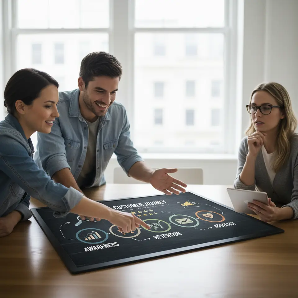 A stylized infographic illustrating the five essential phases of the customer journey—Awareness, Consideration, Decision, Retention, Advocacy—displayed as connected stages in a horizontal flow. Each stage features a distinctive icon: a megaphone or search magnifying glass for Awareness, comparison charts or review stars for Consideration, a shopping cart or credit card for Decision, a loyalty card or email for Retention, and a user sharing content or megaphone for Advocacy.