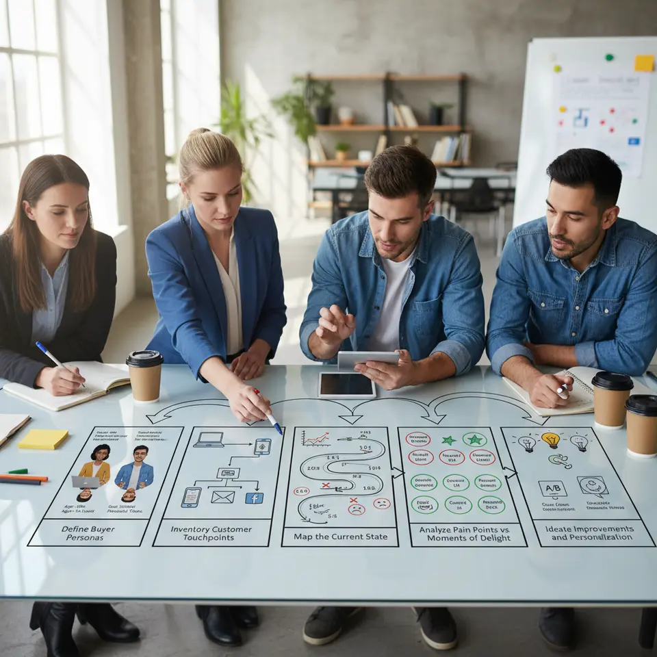 A clear, step-by-step process diagram for building a customer journey map: five sequential panels labeled Define Buyer Personas (persona avatars and demographic callouts), Inventory Customer Touchpoints (interaction nodes across channels like web, chat, email), Map the Current State (journey path with data points, drop-off markers, and emotion emojis), Analyze Pain Points vs. Moments of Delight (red and green callouts highlighting friction and positive surprises), and Ideate Improvements and Personalization (team brainstorming icons, A/B test symbols, chatbots), all linked by arrows to show workflow.