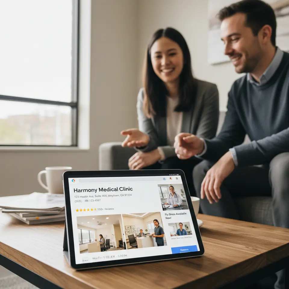 Optimized Google Business Profile mockup for a medical clinic: realistic browser or mobile interface displaying the practice name, address, phone number, business hours, high-resolution office and staff photos, star ratings with reviews, and a highlighted Google Post—framed to emphasize local visibility and professionalism.